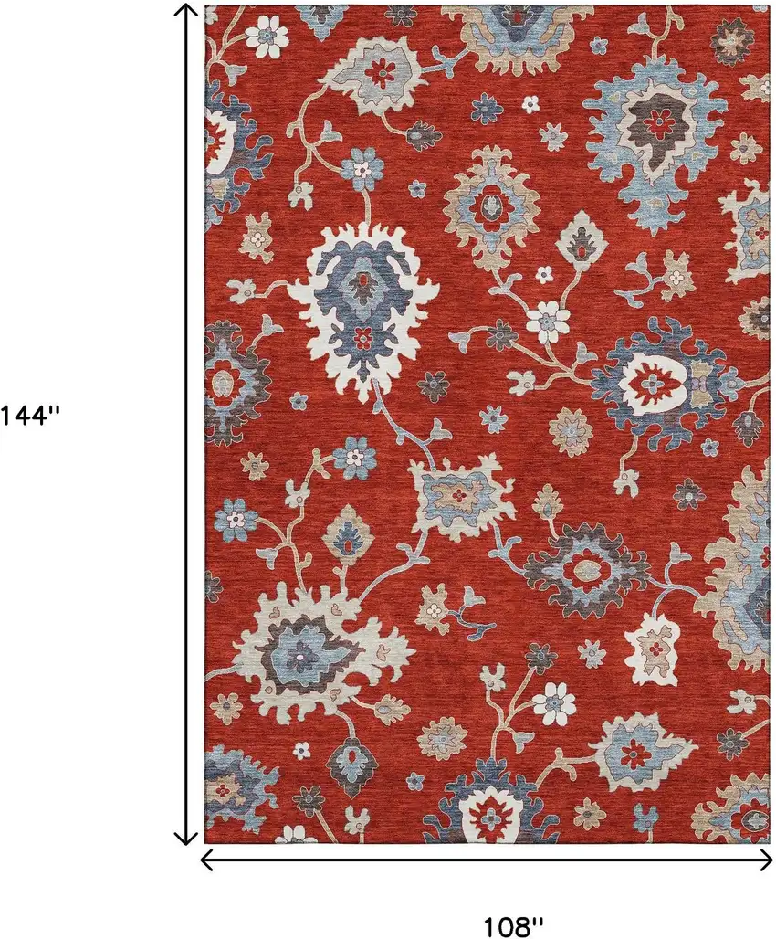 Red Gray And Ivory Floral Medallion Washable Area Rug With UV Protection Photo 3