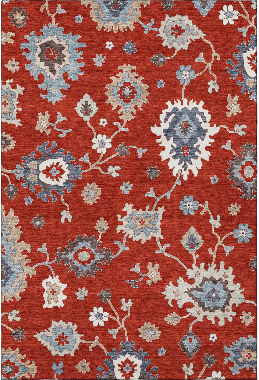 Red Gray And Ivory Floral Medallion Washable Area Rug With UV Protection Photo 4