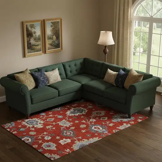 Red Gray And Ivory Floral Medallion Washable Area Rug With UV Protection Photo 1