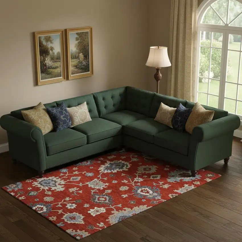 Red Gray And Ivory Floral Medallion Washable Area Rug With UV Protection Photo 1