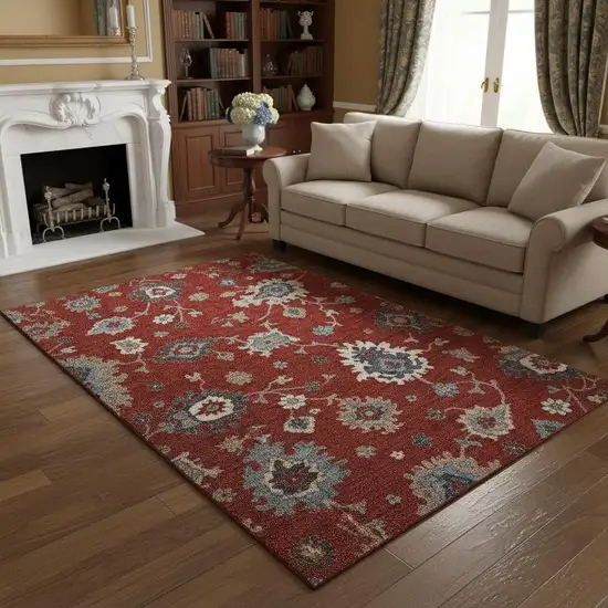Red Gray And Ivory Floral Medallion Washable Area Rug With UV Protection Photo 2