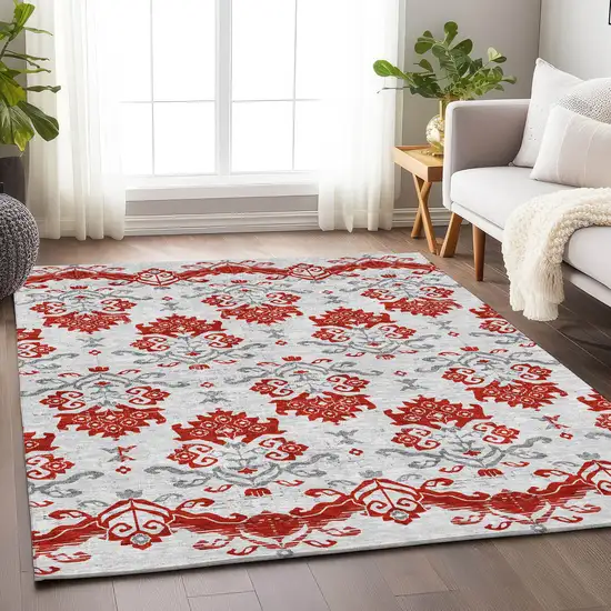 Red Gray And Ivory Medallion Washable Area Rug With UV Protection Photo 4