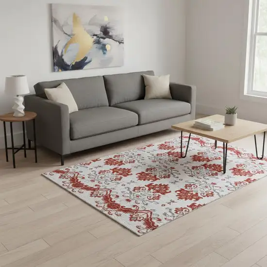 Red Gray And Ivory Medallion Washable Area Rug With UV Protection Photo 2