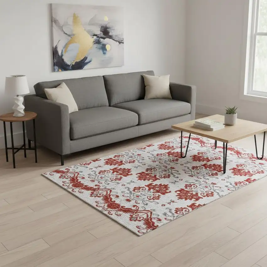 Red Gray And Ivory Medallion Washable Area Rug With UV Protection Photo 2