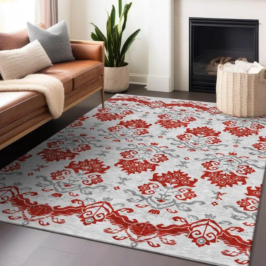 Red Gray And Ivory Medallion Washable Area Rug With UV Protection Photo 6