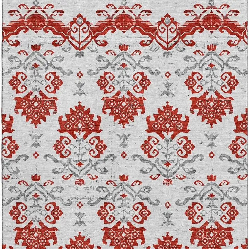 Red Gray And Ivory Medallion Washable Area Rug With UV Protection Photo 4