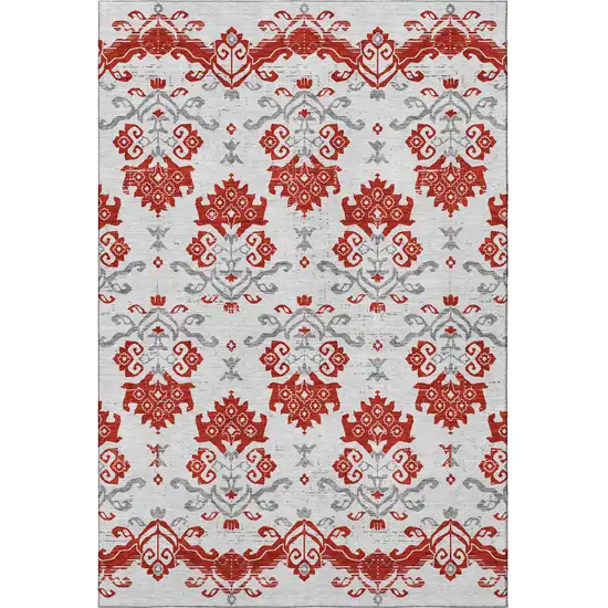 Red Gray And Ivory Medallion Washable Area Rug With UV Protection Photo 4