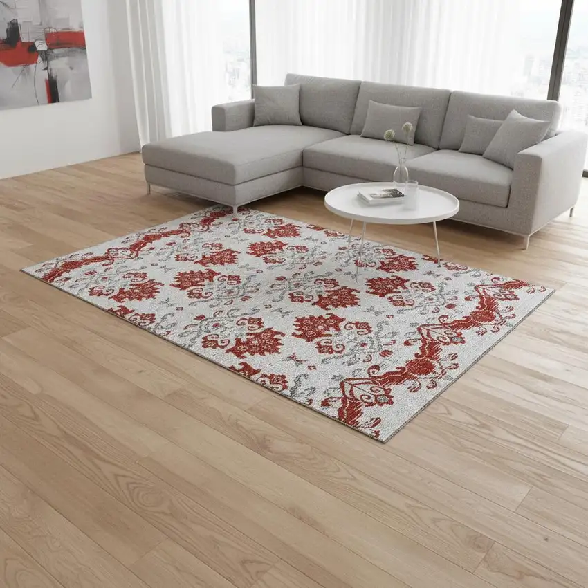 Red Gray And Ivory Medallion Washable Area Rug With UV Protection Photo 2