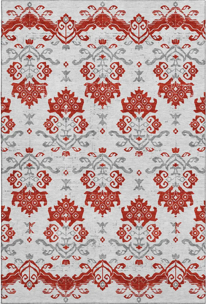 Red Gray And Ivory Medallion Washable Area Rug With UV Protection Photo 1