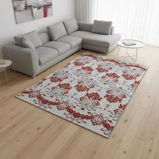 Red Gray And Ivory Medallion Washable Area Rug With UV Protection Photo 2