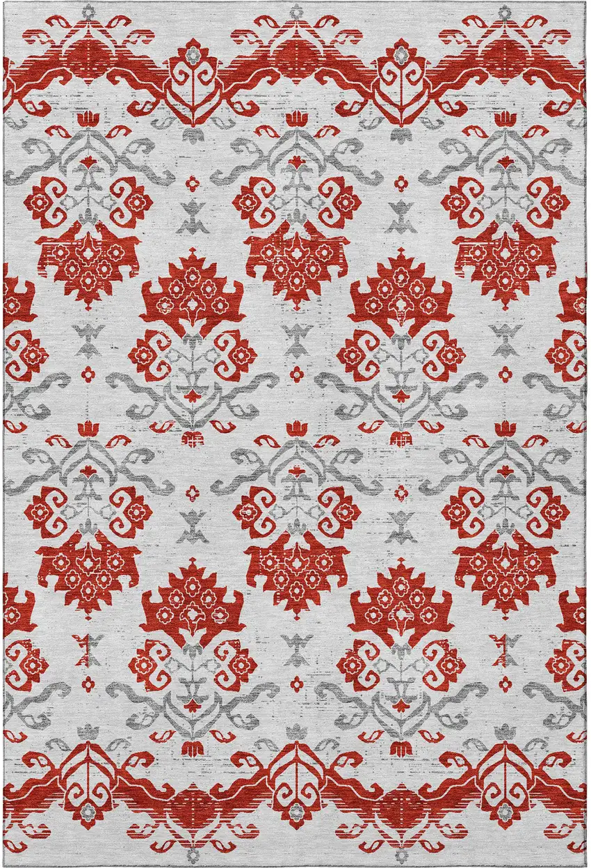 Red Gray And Ivory Medallion Washable Area Rug With UV Protection Photo 3