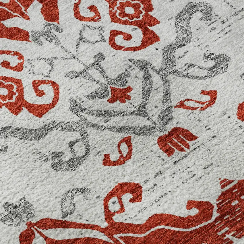 Red Gray And Ivory Medallion Washable Area Rug With UV Protection Photo 9