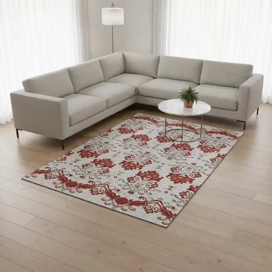 Red Gray And Ivory Medallion Washable Area Rug With UV Protection Photo 2
