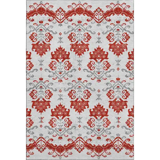 Red Gray And Ivory Medallion Washable Area Rug With UV Protection Photo 1