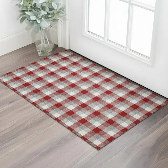 Red Gray And Ivory Plaid Washable Area Rug With UV Protection Photo 2
