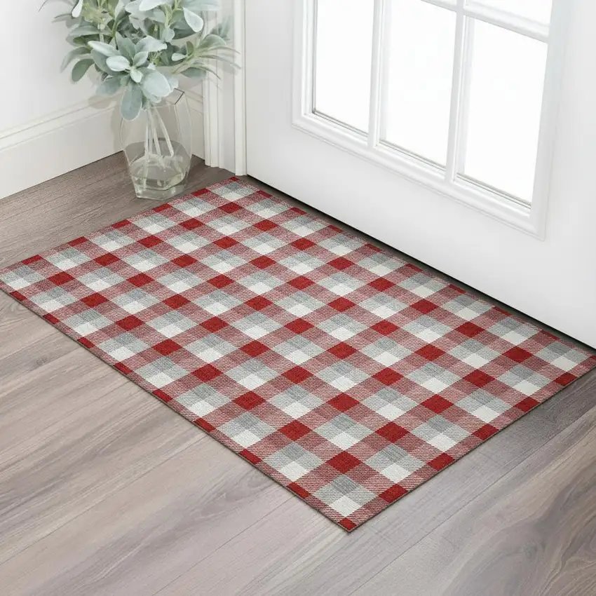 Red Gray And Ivory Plaid Washable Area Rug With UV Protection Photo 2