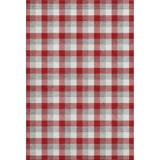 Red Gray And Ivory Plaid Washable Area Rug With UV Protection Photo 1