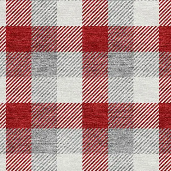 Red Gray And Ivory Plaid Washable Area Rug With UV Protection Photo 2