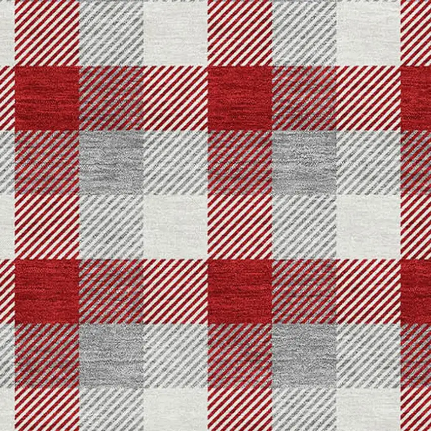 Red Gray And Ivory Plaid Washable Area Rug With UV Protection Photo 2