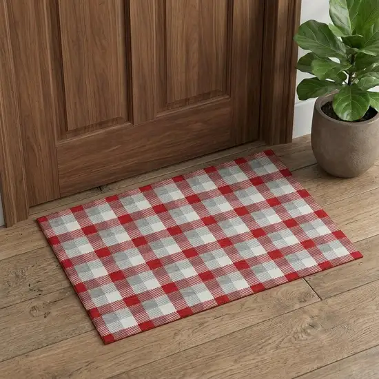 Red Gray And Ivory Plaid Washable Area Rug With UV Protection Photo 1