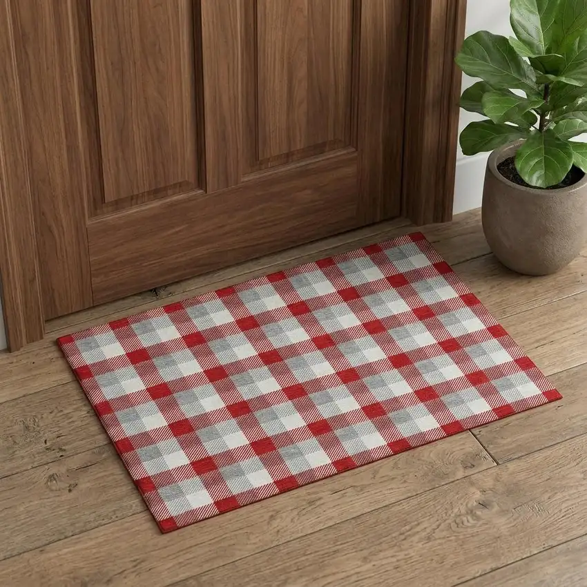 Red Gray And Ivory Plaid Washable Area Rug With UV Protection Photo 1