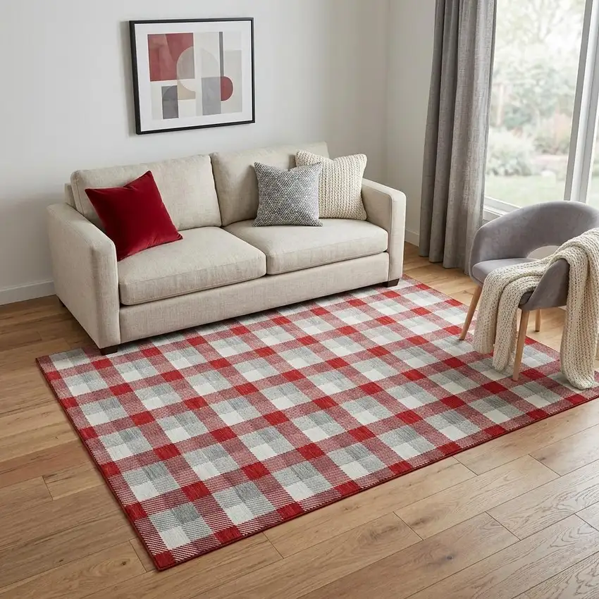 Red Gray And Ivory Plaid Washable Area Rug With UV Protection Photo 1