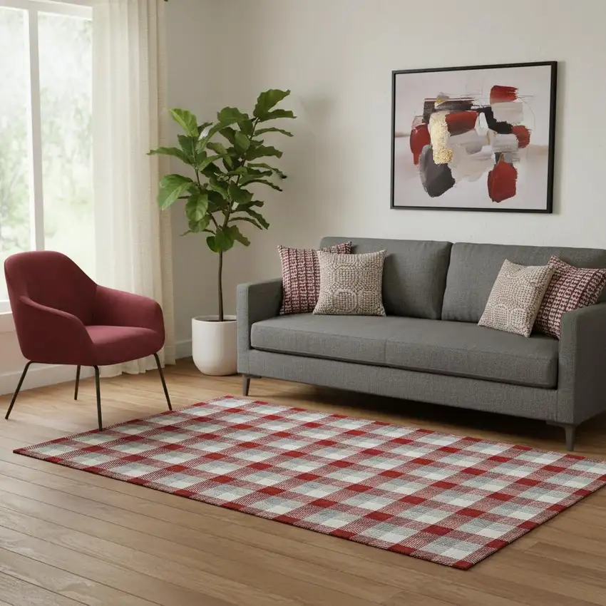 Red Gray And Ivory Plaid Washable Area Rug With UV Protection Photo 2