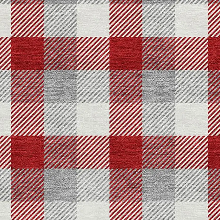 Red Gray And Ivory Plaid Washable Area Rug With UV Protection Photo 2