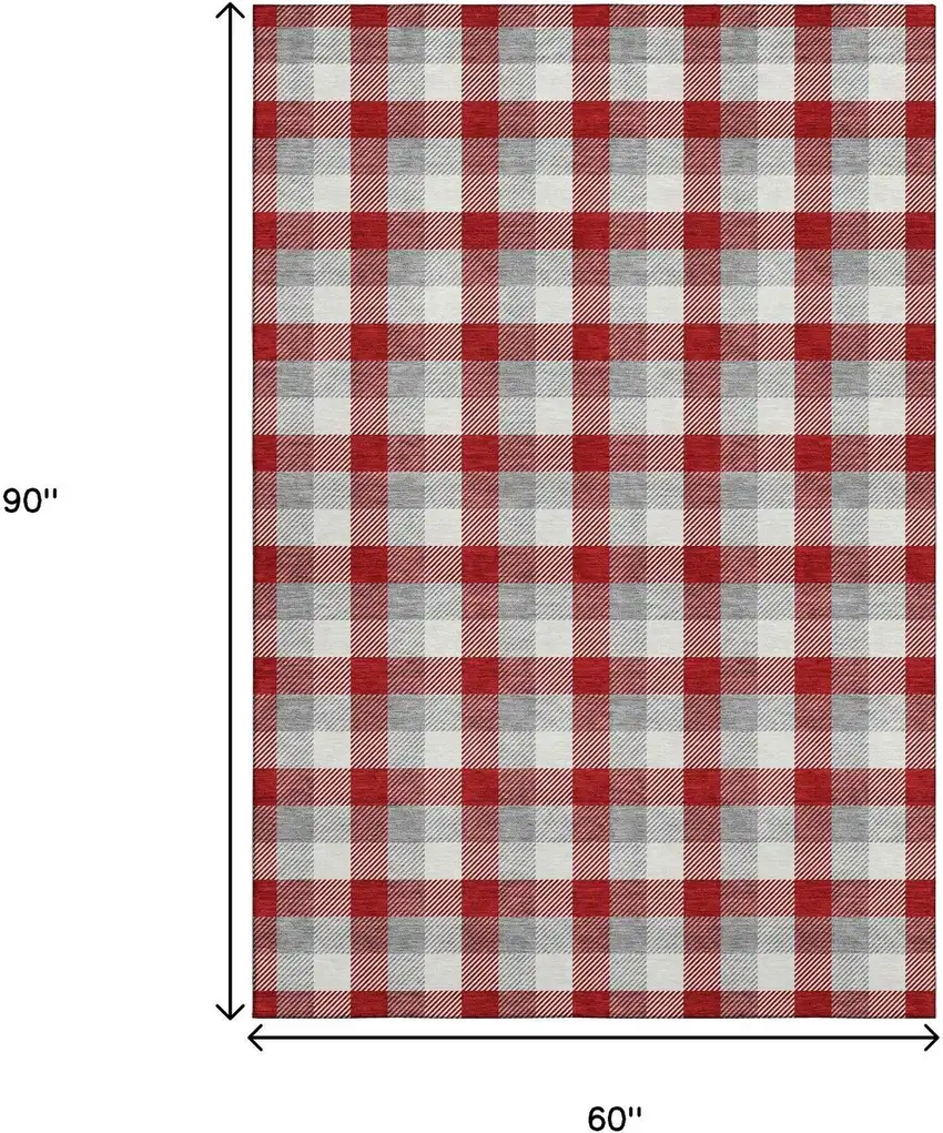 Red Gray And Ivory Plaid Washable Area Rug With UV Protection Photo 8