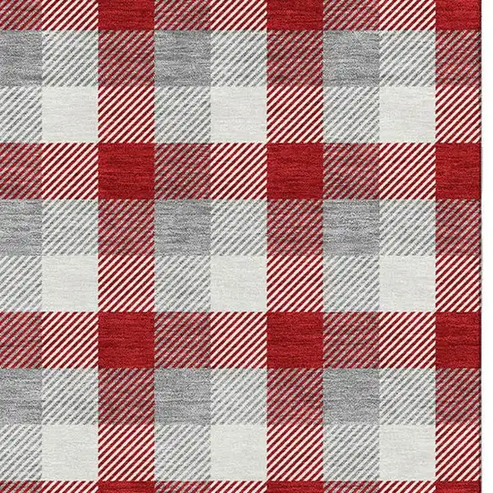 Red Gray And Ivory Plaid Washable Area Rug With UV Protection Photo 3