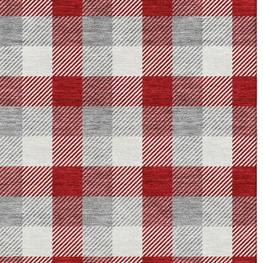 Red Gray And Ivory Plaid Washable Area Rug With UV Protection Photo 3