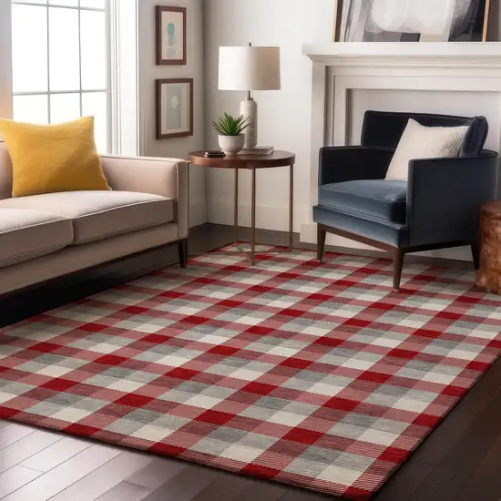 Red Gray And Ivory Plaid Washable Area Rug With UV Protection Photo 4