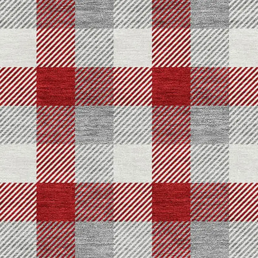 Red Gray And Ivory Plaid Washable Area Rug With UV Protection Photo 2