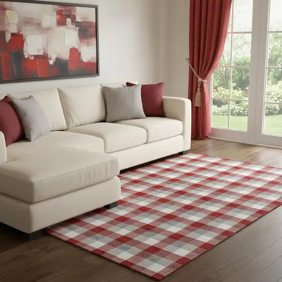 Red Gray And Ivory Plaid Washable Area Rug With UV Protection Photo 2