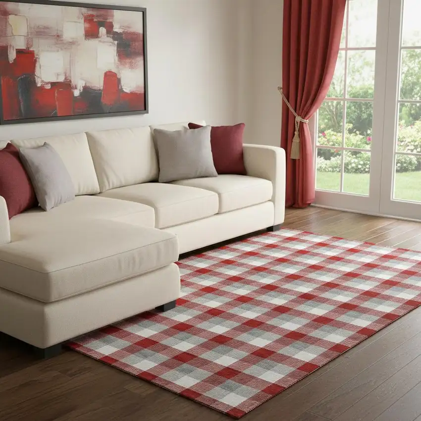 Red Gray And Ivory Plaid Washable Area Rug With UV Protection Photo 2