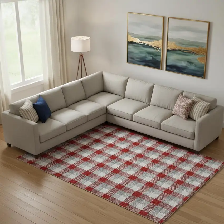 Red Gray And Ivory Plaid Washable Area Rug With UV Protection Photo 2