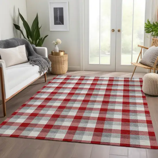 Red Gray And Ivory Plaid Washable Area Rug With UV Protection Photo 5