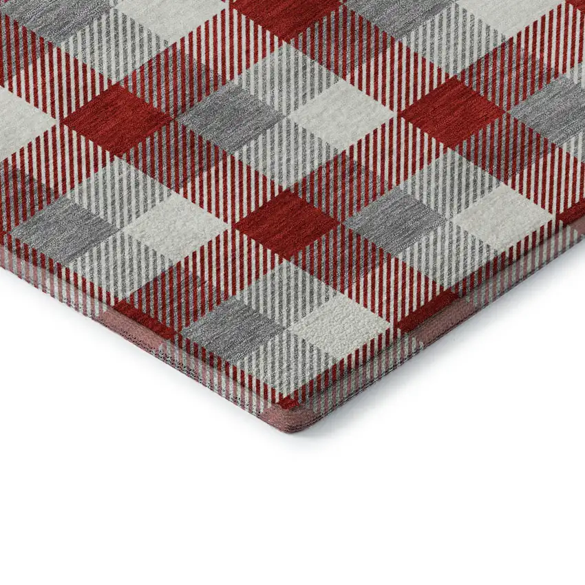 Red Gray And Ivory Plaid Washable Area Rug With UV Protection Photo 7