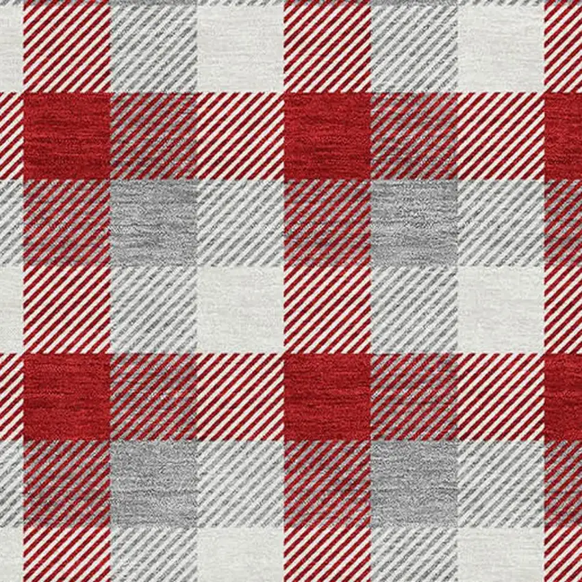 Red Gray And Ivory Plaid Washable Area Rug With UV Protection Photo 2
