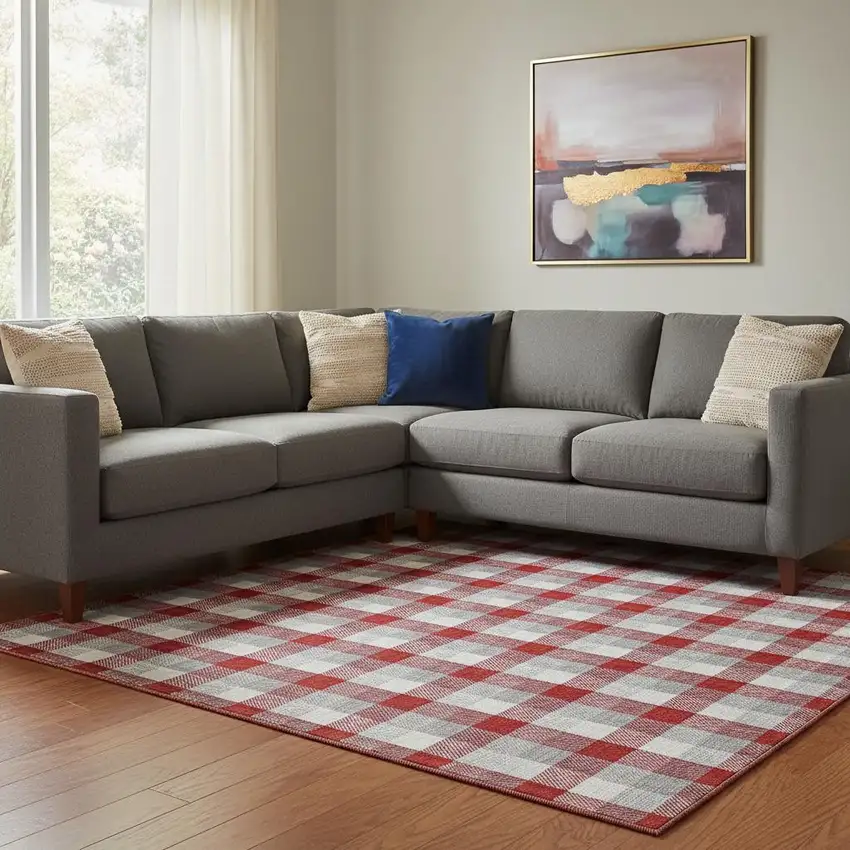 Red Gray And Ivory Plaid Washable Area Rug With UV Protection Photo 2