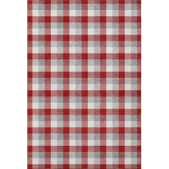 Red Gray And Ivory Plaid Washable Area Rug With UV Protection Photo 3