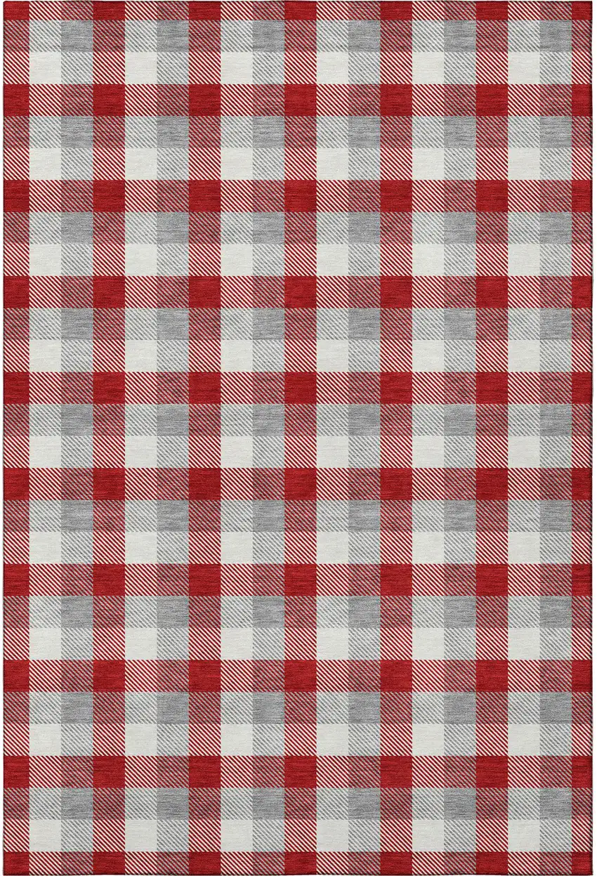 Red Gray And Ivory Plaid Washable Area Rug With UV Protection Photo 3