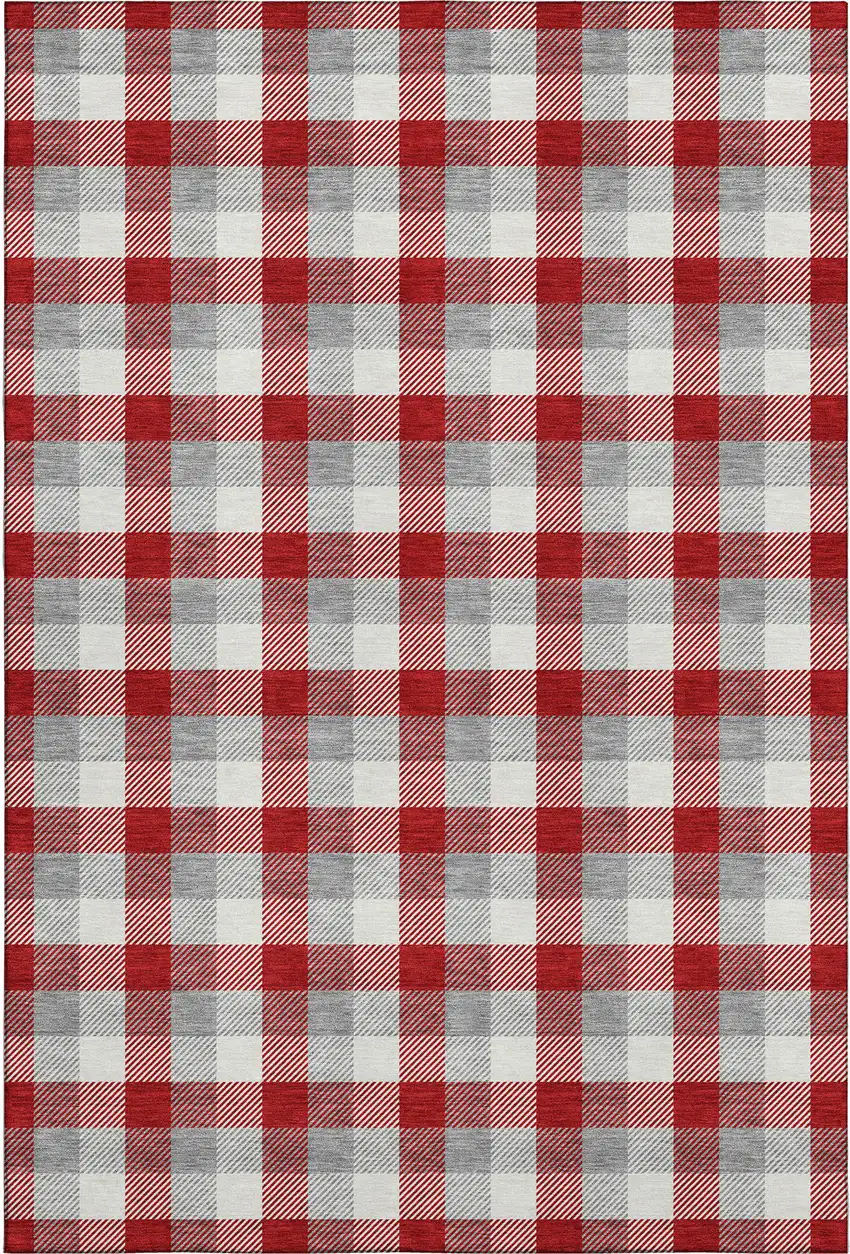Red Gray And Ivory Plaid Washable Area Rug With UV Protection Photo 1