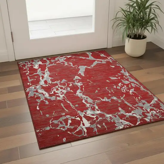 Red Gray And Ivory Striped Washable Area Rug With UV Protection Photo 2
