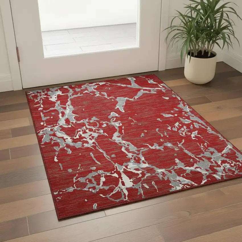 Red Gray And Ivory Striped Washable Area Rug With UV Protection Photo 2
