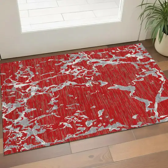Red Gray And Ivory Striped Washable Area Rug With UV Protection Photo 1