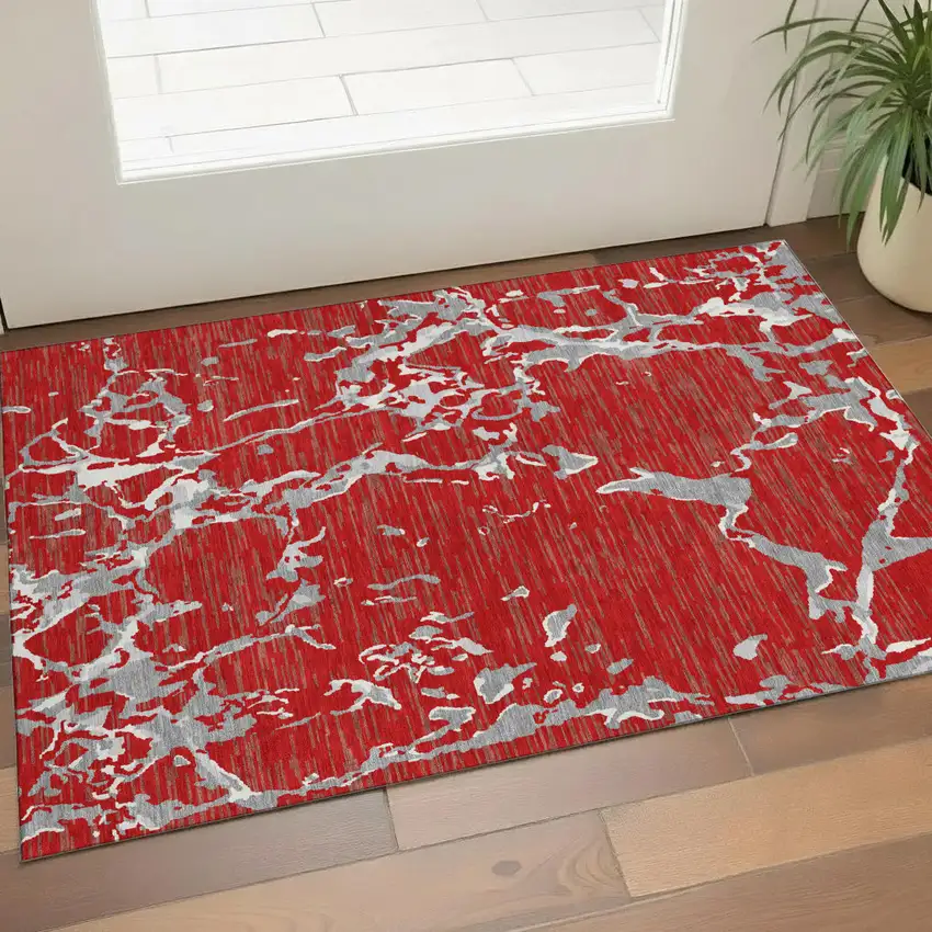Red Gray And Ivory Striped Washable Area Rug With UV Protection Photo 1