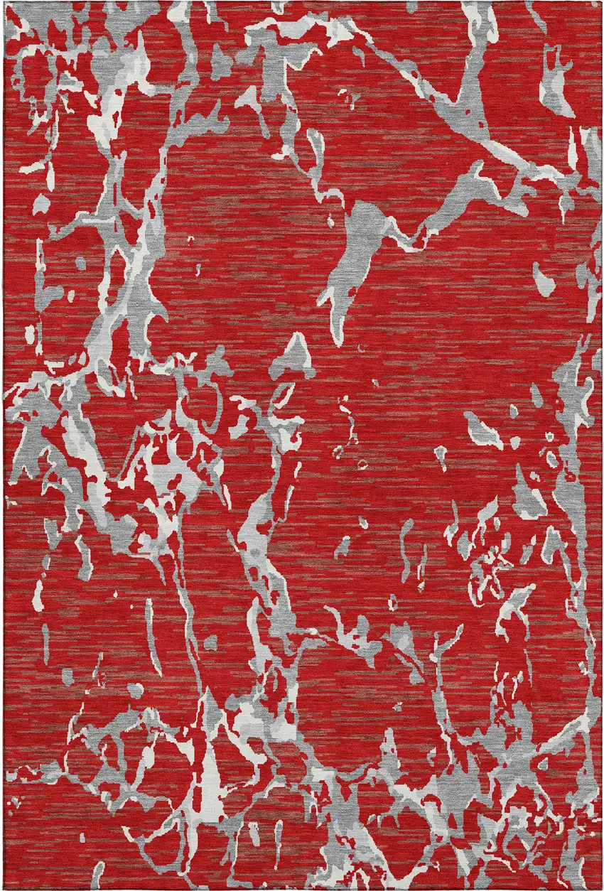 Red Gray And Ivory Striped Washable Area Rug With UV Protection Photo 1