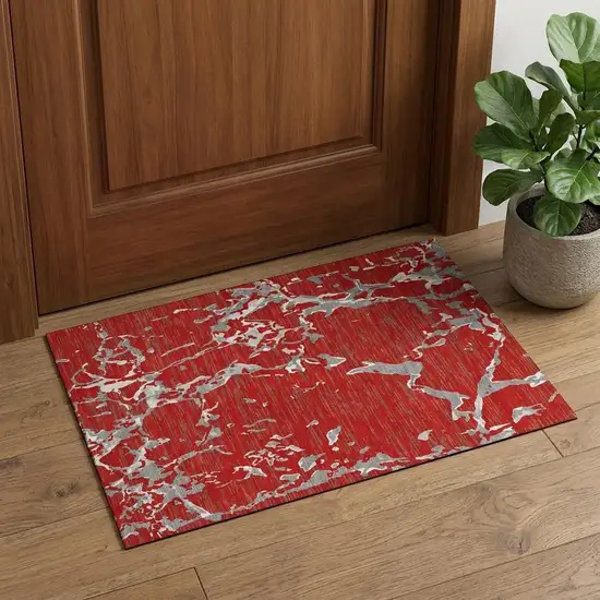 Red Gray And Ivory Striped Washable Area Rug With UV Protection Photo 1