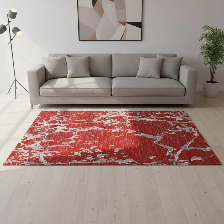Red Gray And Ivory Striped Washable Area Rug With UV Protection Photo 2